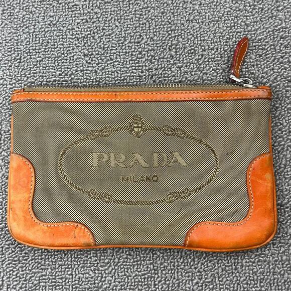 Authentic Prada Jacquard Pouch in‎ Orange Brown Canvas and Leather Rare - Picture 14 of 16
